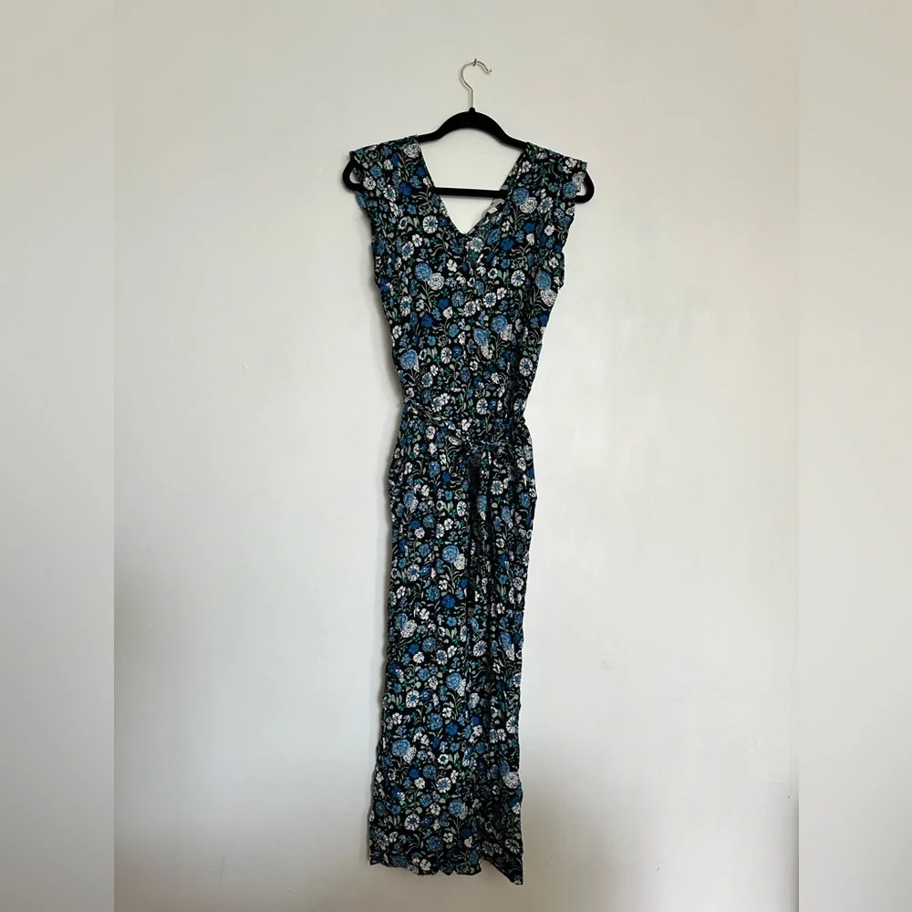 LOFT Blue Black Floral Flowers Print Wide Leg Sleeveless Jumpsuit Pockets - Picture 2 of 6